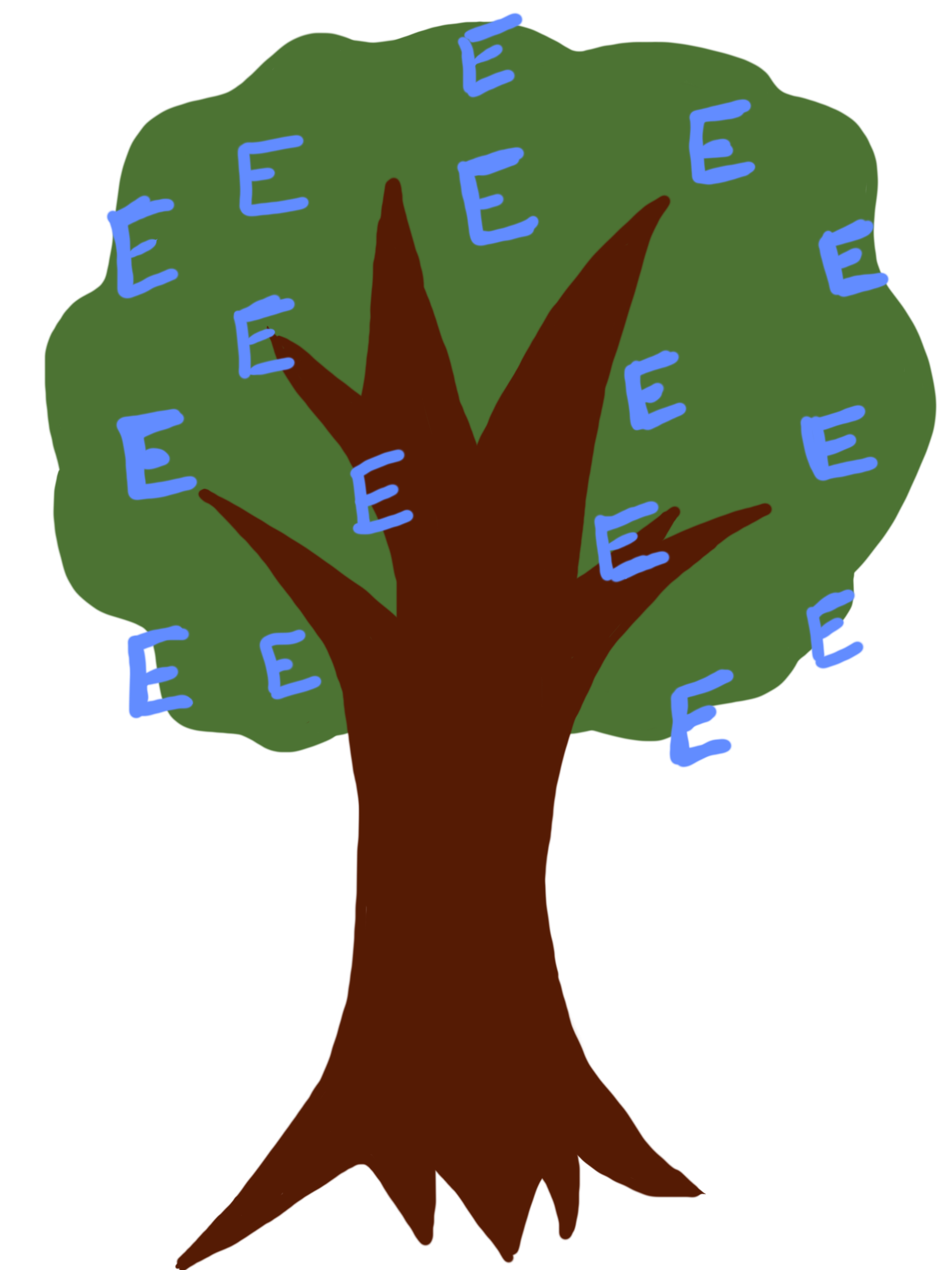 A picture of a pleasant looking tree with blue capital Es growing from it like fruit