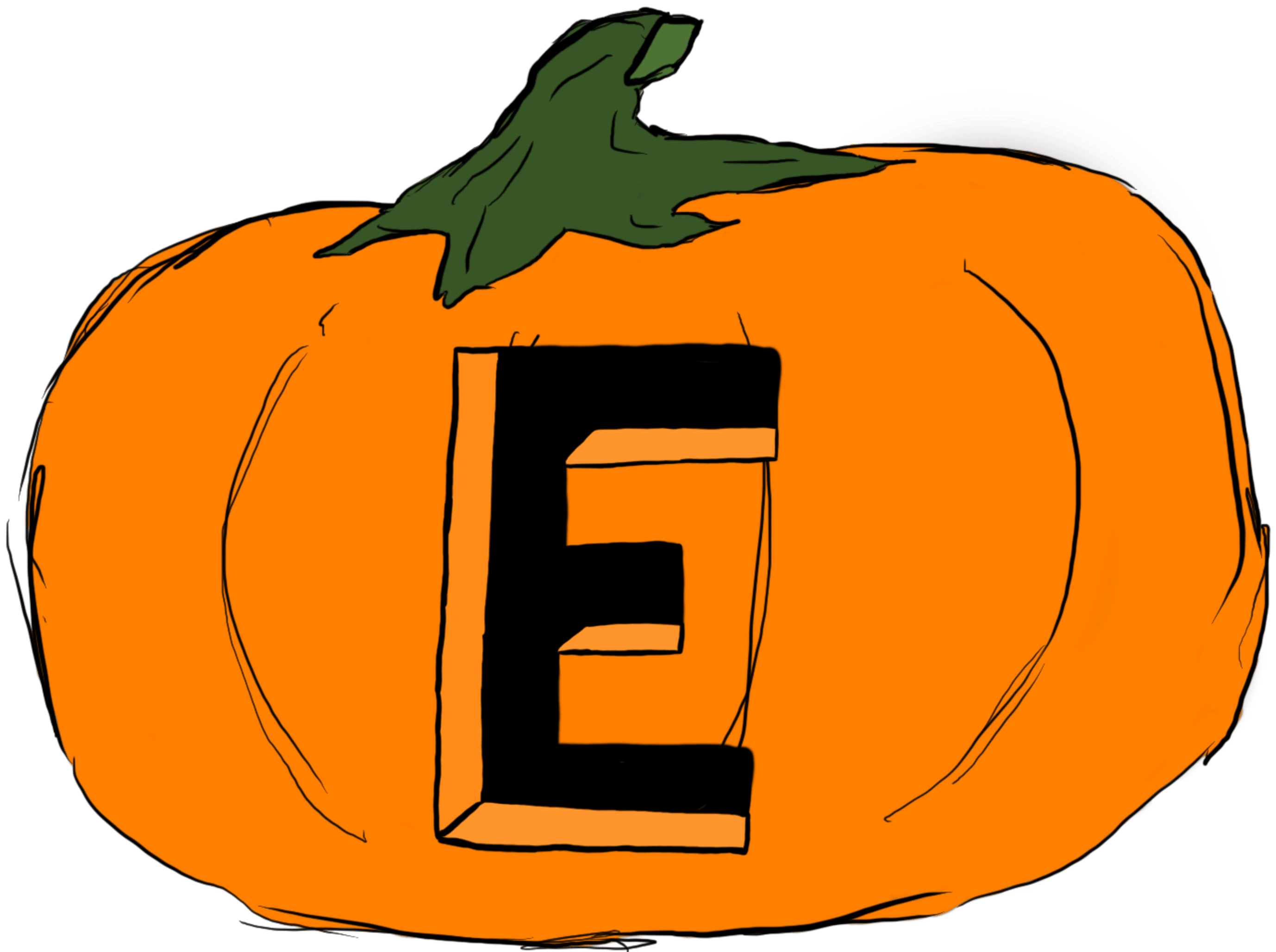 A drawing of a pumpkin with a capital E carved into it