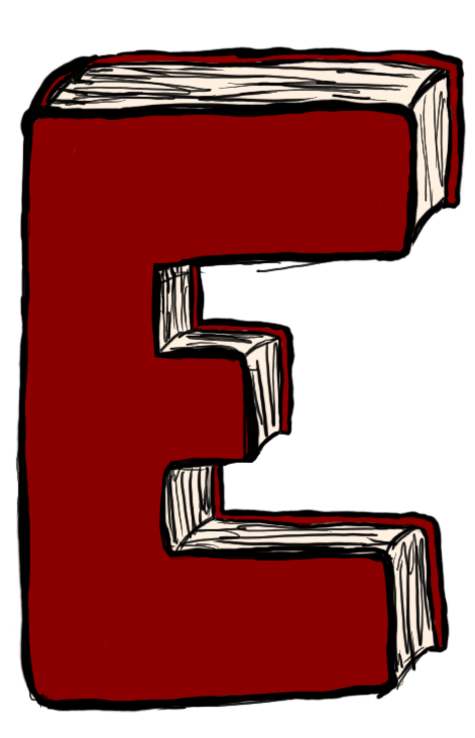 A dark red book that is shaped like a capital E