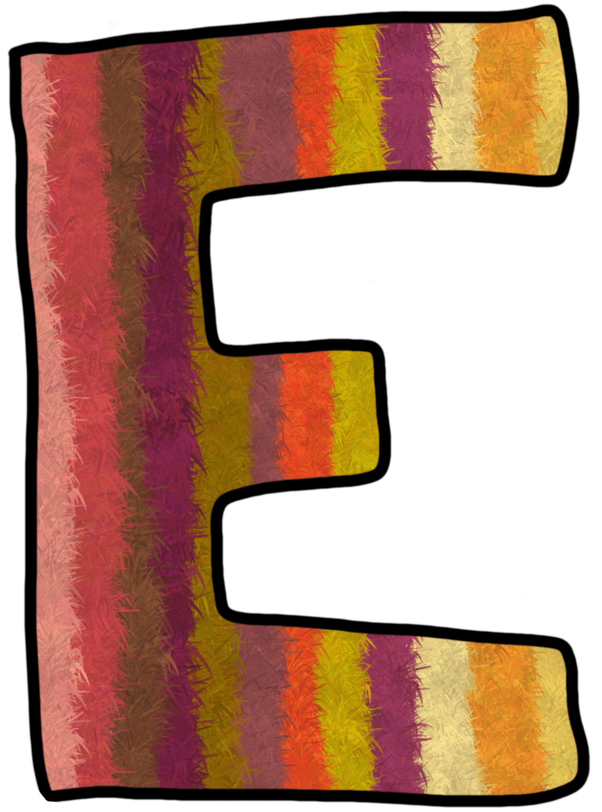 A capital E with warm colored vertical stripes resembling the texture of carpet